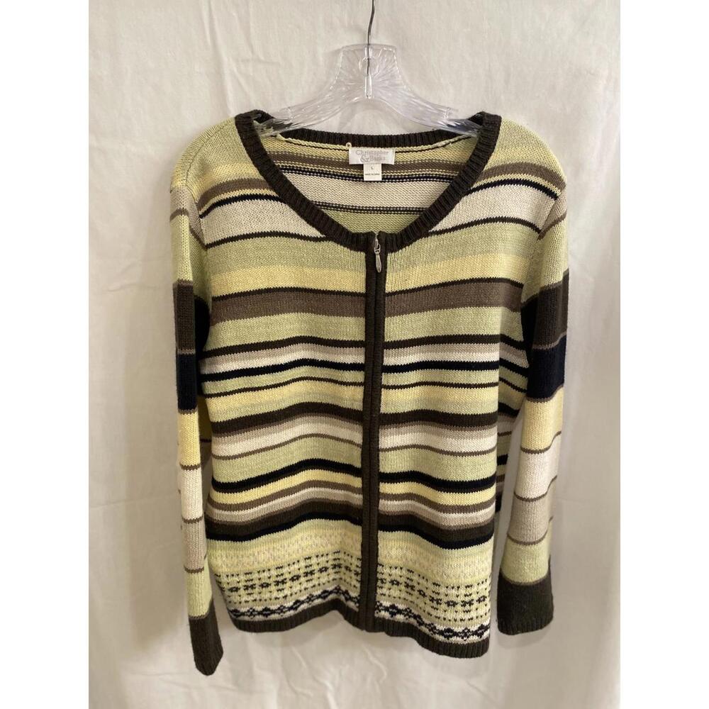 Christopher & Banks VTG Womans L Earth Tone Full Zip Knit Fair Isle Cardigan